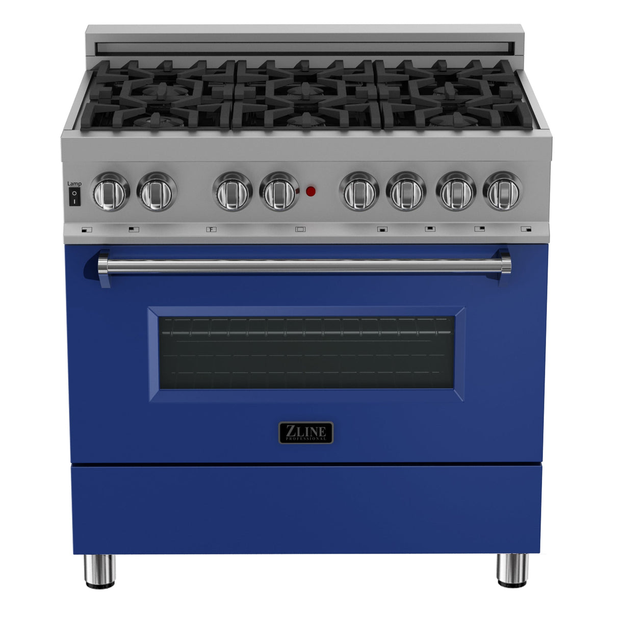 ZLINE 36 in. 4.6 cu. ft. Legacy Dual Fuel Range with 6 Burner Gas Cooktop and Electric Convection Oven in Satin Stainless Steel and Blue Matte Door (RAS-BM-36)
