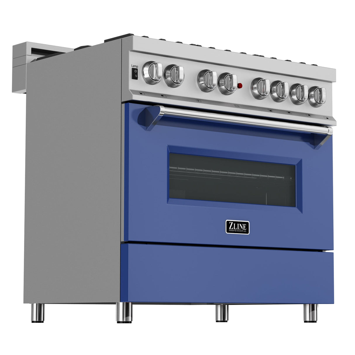 ZLINE 36 in. 4.6 cu. ft. Legacy Dual Fuel Range with 6 Burner Gas Cooktop and Electric Convection Oven in Satin Stainless Steel and Blue Matte Door (RAS-BM-36)