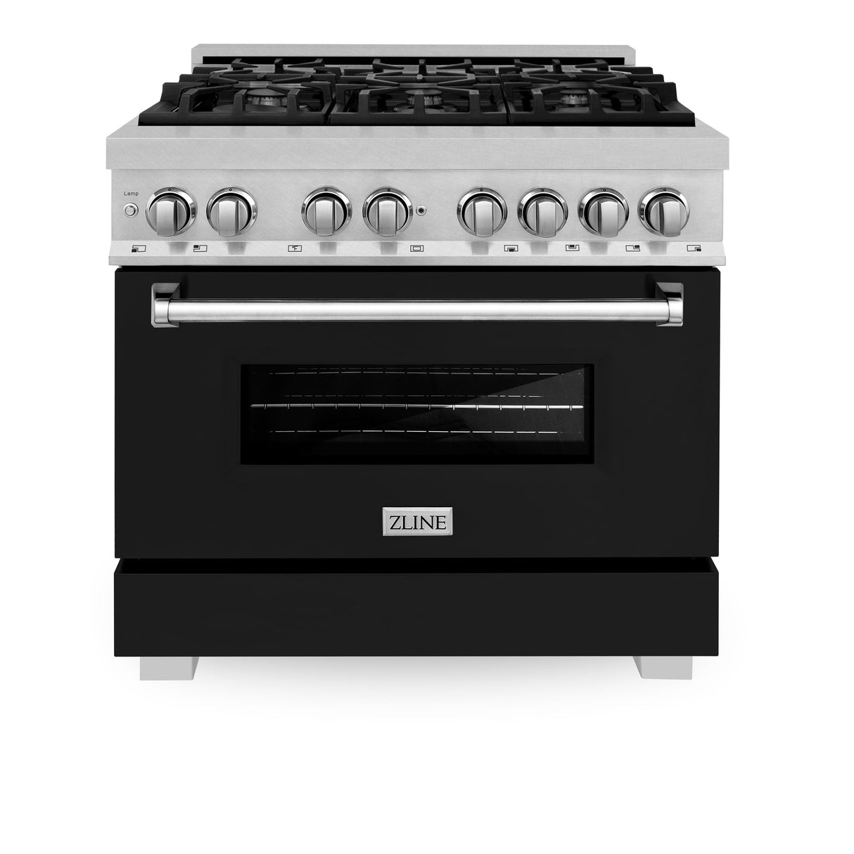 ZLINE 36 in. 4.6 cu. ft. Legacy Dual Fuel Range with 6 Burner Gas Cooktop and Electric Convection Oven in Satin Stainless Steel and Black Matte Door (RAS-BLM-36)