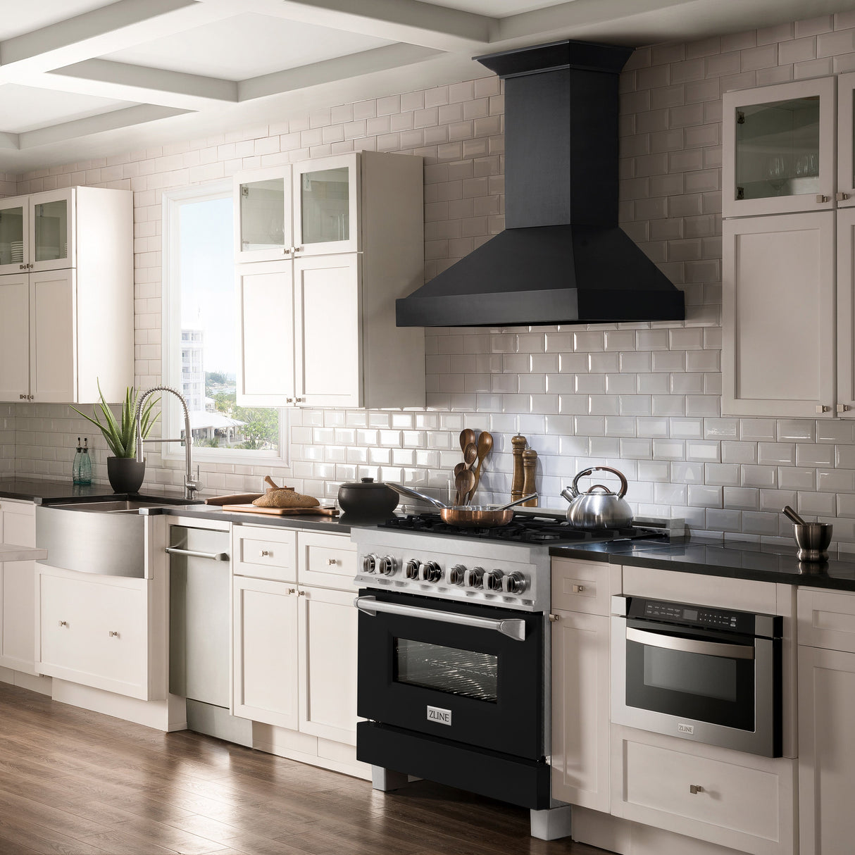 ZLINE 36 in. 4.6 cu. ft. Legacy Dual Fuel Range with 6 Burner Gas Cooktop and Electric Convection Oven in Satin Stainless Steel and Black Matte Door (RAS-BLM-36)