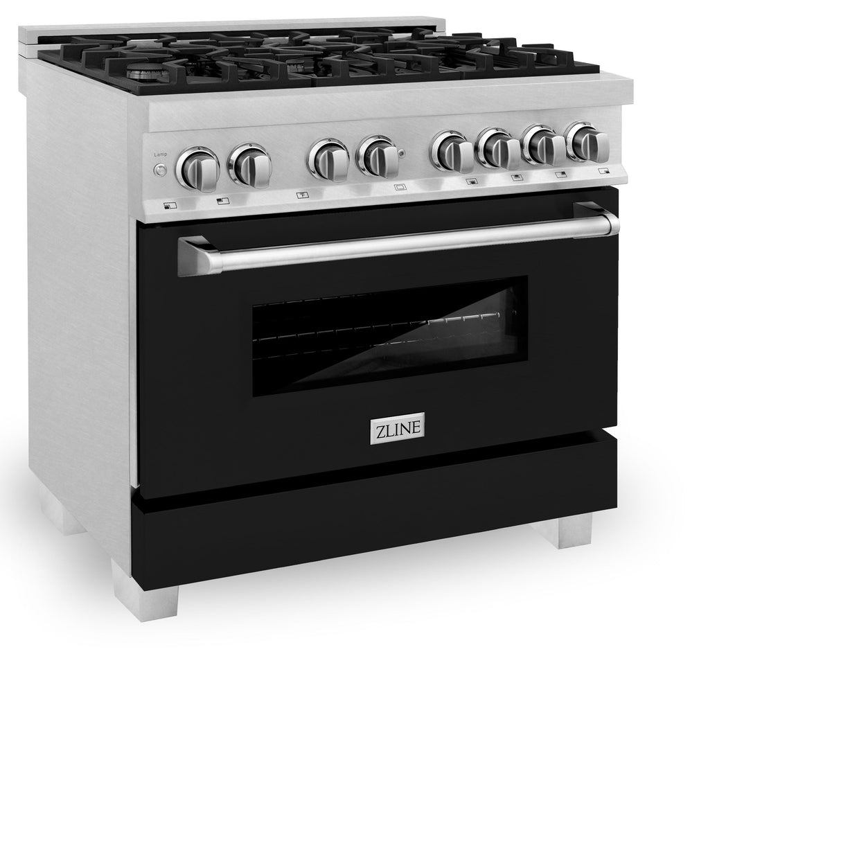ZLINE 36 in. 4.6 cu. ft. Legacy Dual Fuel Range with 6 Burner Gas Cooktop and Electric Convection Oven in Satin Stainless Steel and Black Matte Door (RAS-BLM-36)