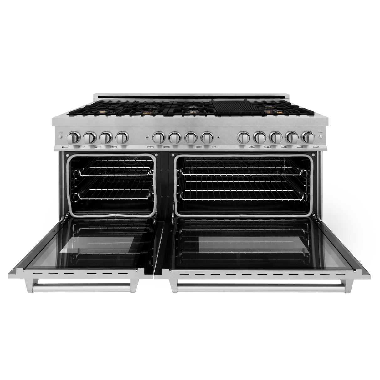 ZLINE 60 in. 7.4 cu. ft. Legacy Dual Fuel Range with Gas Cooktop and 2 Electric Convection Ovens in Satin Stainless Steel with 8 Brass Burners (RAS-SN-BR-60)