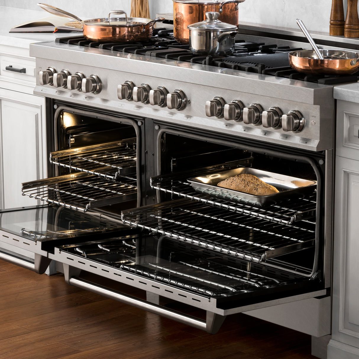 ZLINE 60 in. 7.4 cu. ft. Legacy Dual Fuel Range with Gas Cooktop and 2 Electric Convection Ovens in Satin Stainless Steel with 8 Brass Burners (RAS-SN-BR-60)
