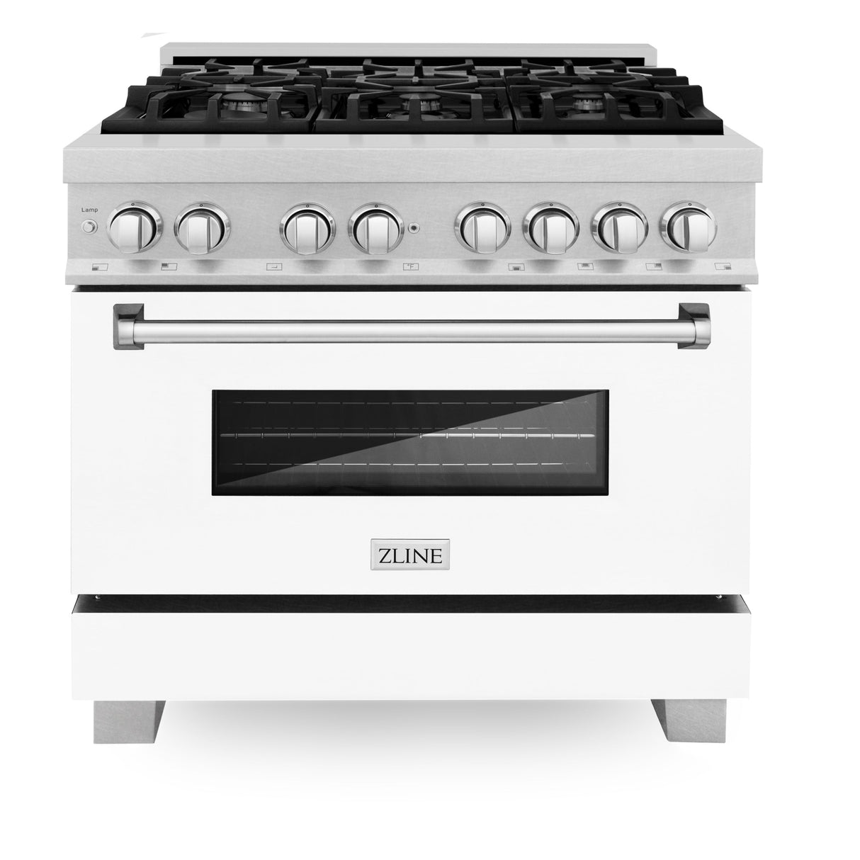 ZLINE 36 in. 4.6 cu. ft. Legacy Dual Fuel Range with 6 Burner Gas Cooktop and Electric Convection Oven in Satin Stainless Steel and White Matte Door (RAS-WM-36)