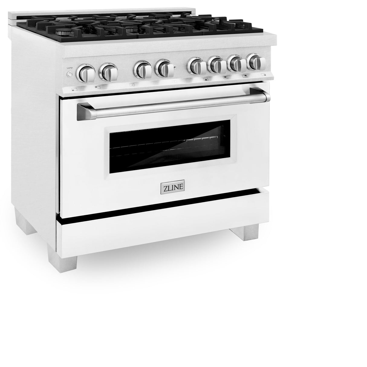 ZLINE 36 in. 4.6 cu. ft. Legacy Dual Fuel Range with 6 Burner Gas Cooktop and Electric Convection Oven in Satin Stainless Steel and White Matte Door (RAS-WM-36)