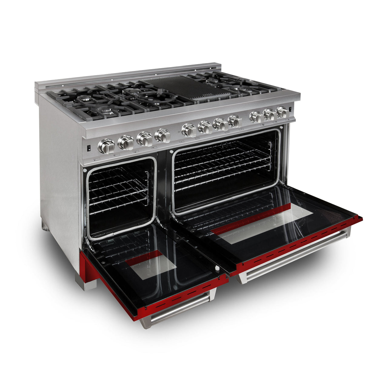 ZLINE 48 in. 6.0 cu. ft. Legacy Dual Fuel Range with 7 Burner Gas Cooktop and 2 Electric Ovens in Satin Stainless Steel and Red Gloss Doors (RAS-RG-48)
