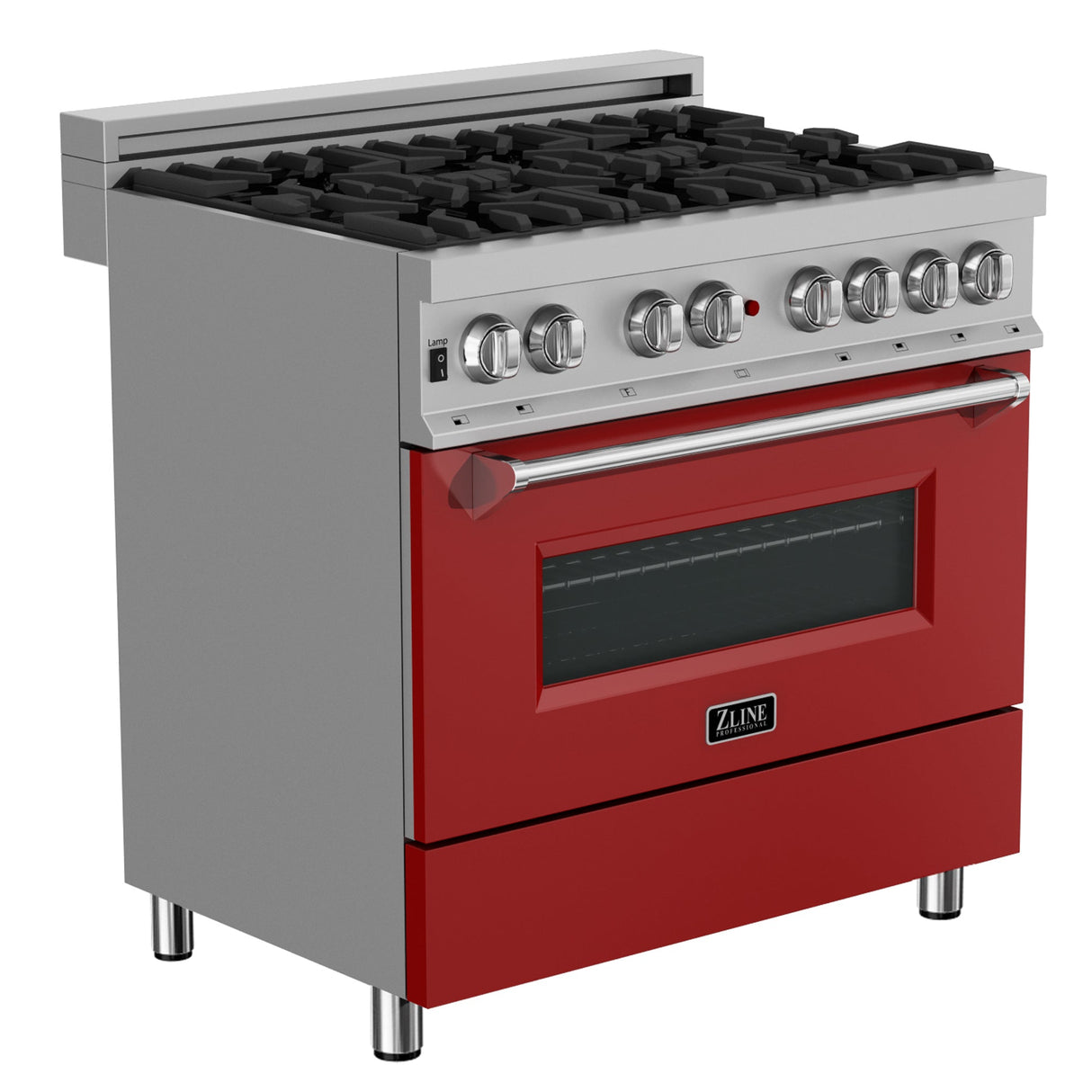ZLINE 36 in. 4.6 cu. ft. Legacy Dual Fuel Range with 6 Burner Gas Cooktop and Electric Convection Oven in Satin Stainless Steel and Red Matte Door (RAS-RM-36)