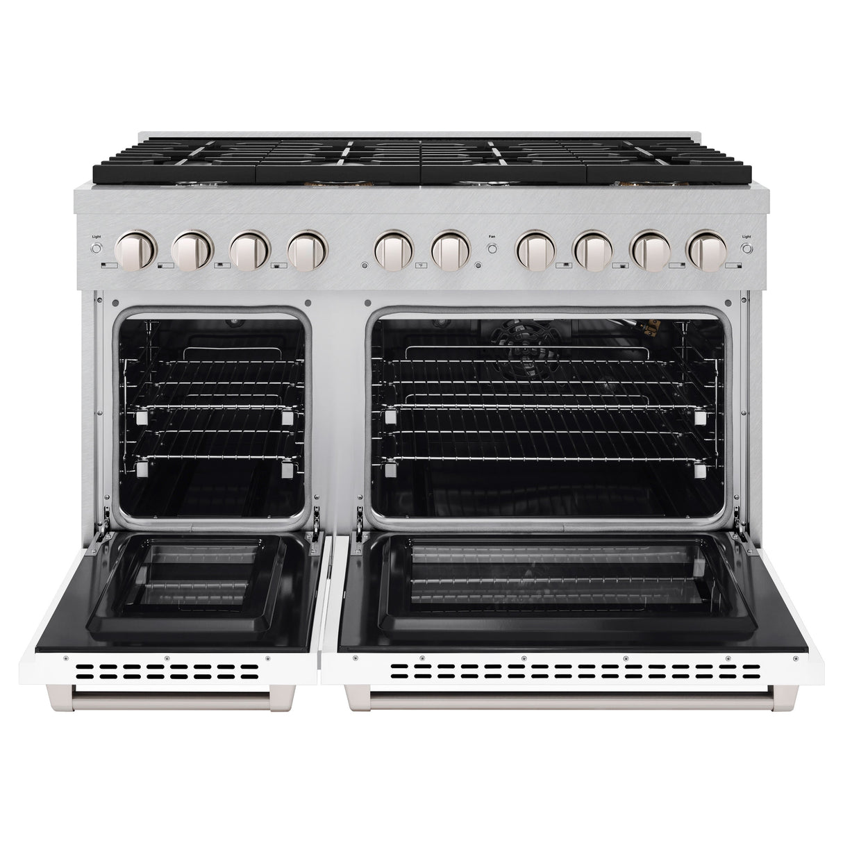 ZLINE 48 in. 6.7 cu. ft. Paramount Double Oven Gas Range with 8 Burner Cooktop in Satin Stainless Steel with White Matte Doors (SGRS-WM-48)