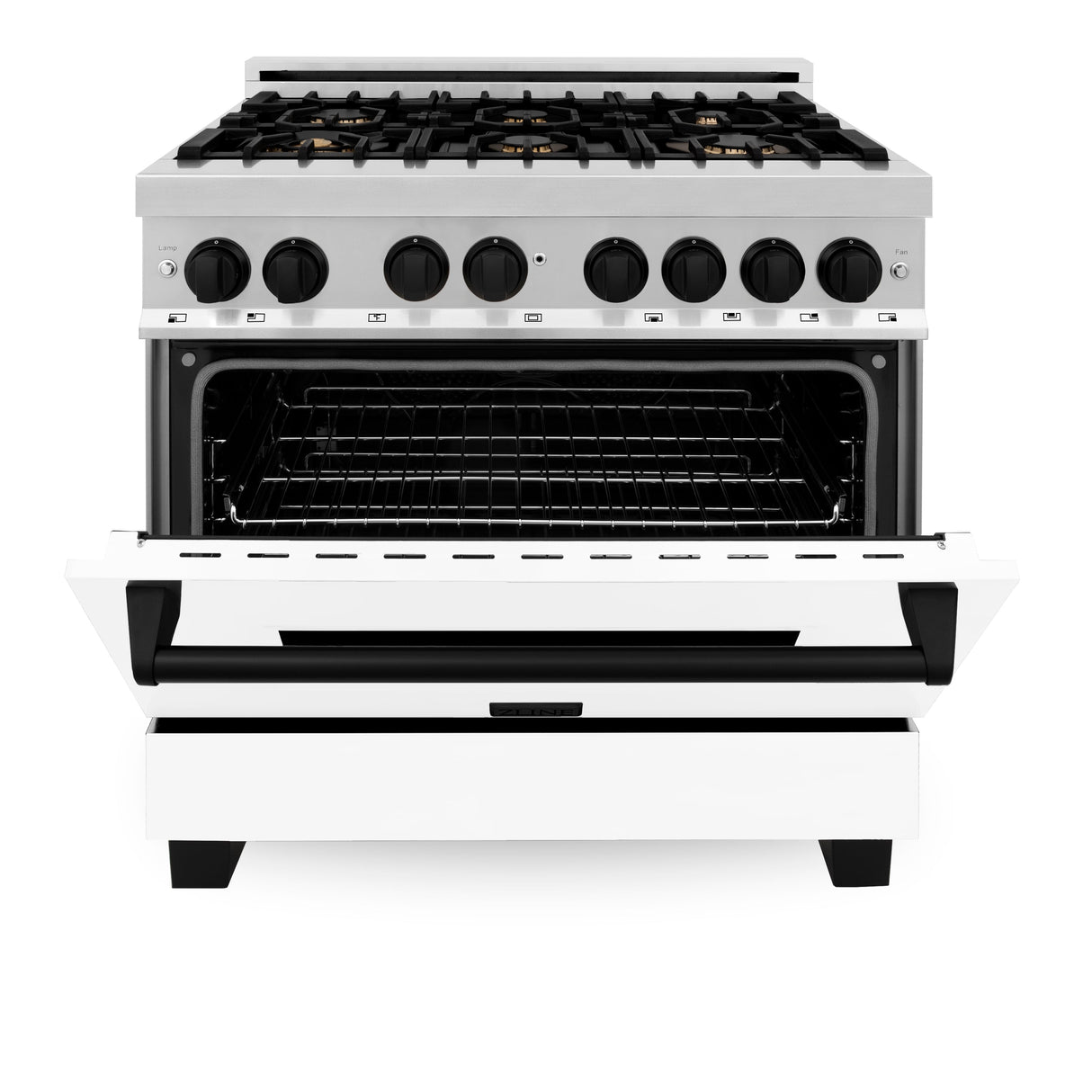 ZLINE Autograph Edition 36 in. 4.6 cu. ft. Legacy Dual Fuel Range with 6 Burner Gas Cooktop and Electric Convection Oven in Stainless Steel with White Matte Door and Matte Black Accents (RAZ-WM-36-MB)