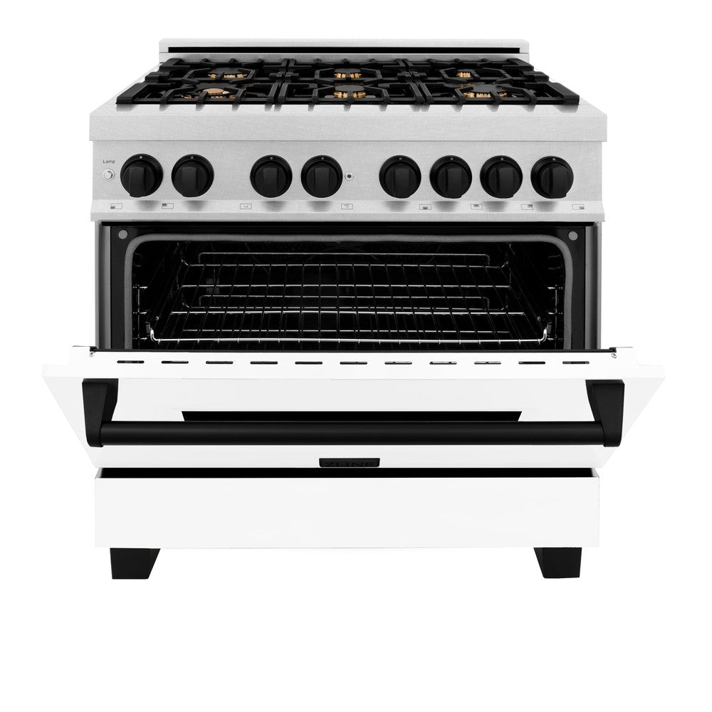 ZLINE Autograph Edition 36 in. Kitchen Package with Stainless Steel Dual Fuel Range with White Matte Door and Range Hood with Matte Black Accents (2AKP-RAWMRH36-MB)