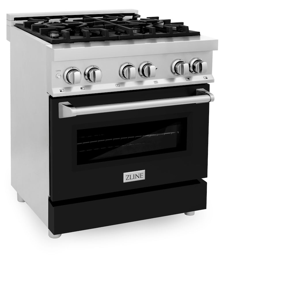 ZLINE 30 in. 4.0 cu. ft. Legacy Dual Fuel Range with 4 Burner Gas Cooktop and Electric Convection Oven in Stainless Steel and Black Matte Door (RA-BLM-30)