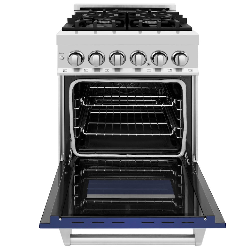 ZLINE 24 in. 2.8 cu. ft. Legacy Dual Fuel Range with 4 Burner Gas Cooktop and Electric Convection Oven in Stainless Steel and Blue Matte Door (RA-BM-24)