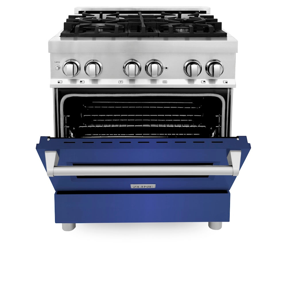 ZLINE 30 in. 4.0 cu. ft. Legacy Dual Fuel Range with 4 Burner Gas Cooktop and Electric Convection Oven in Stainless Steel and Blue Matte Door (RA-BM-30)