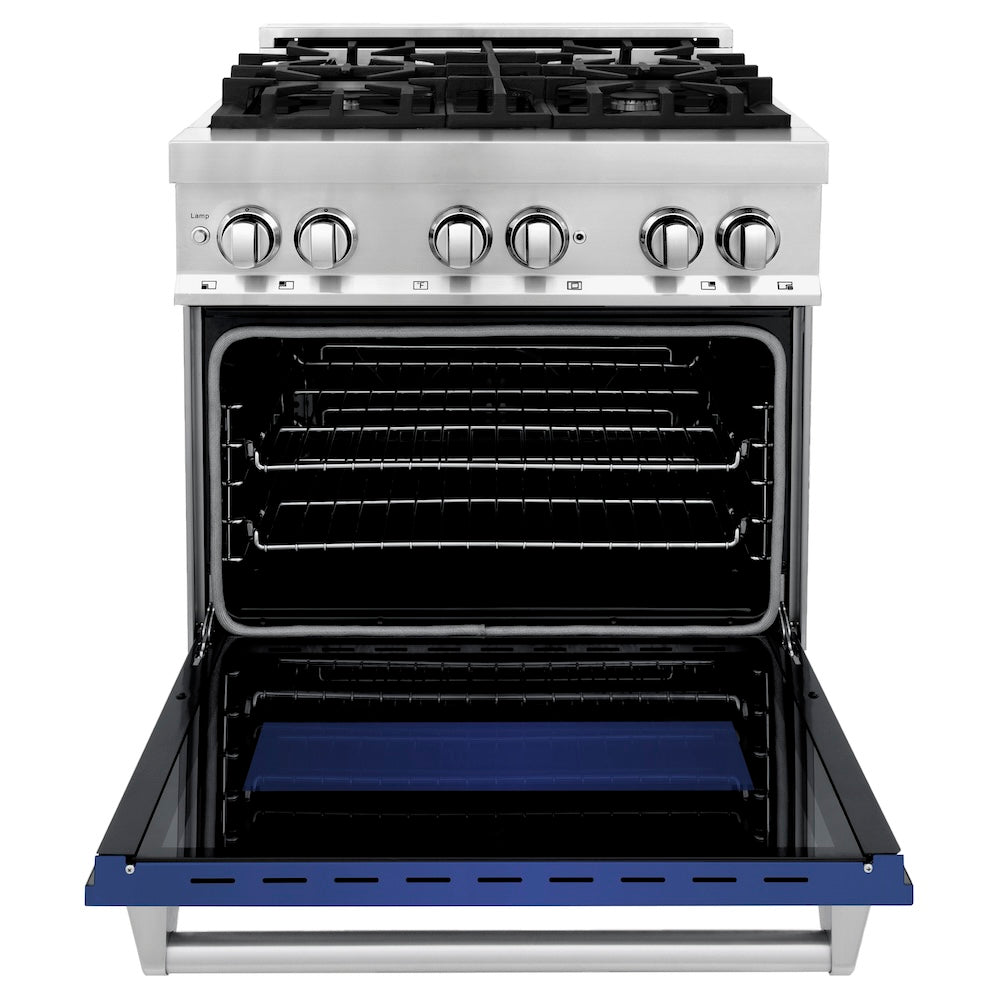 ZLINE 30 in. 4.0 cu. ft. Legacy Dual Fuel Range with 4 Burner Gas Cooktop and Electric Convection Oven in Stainless Steel and Blue Matte Door (RA-BM-30)