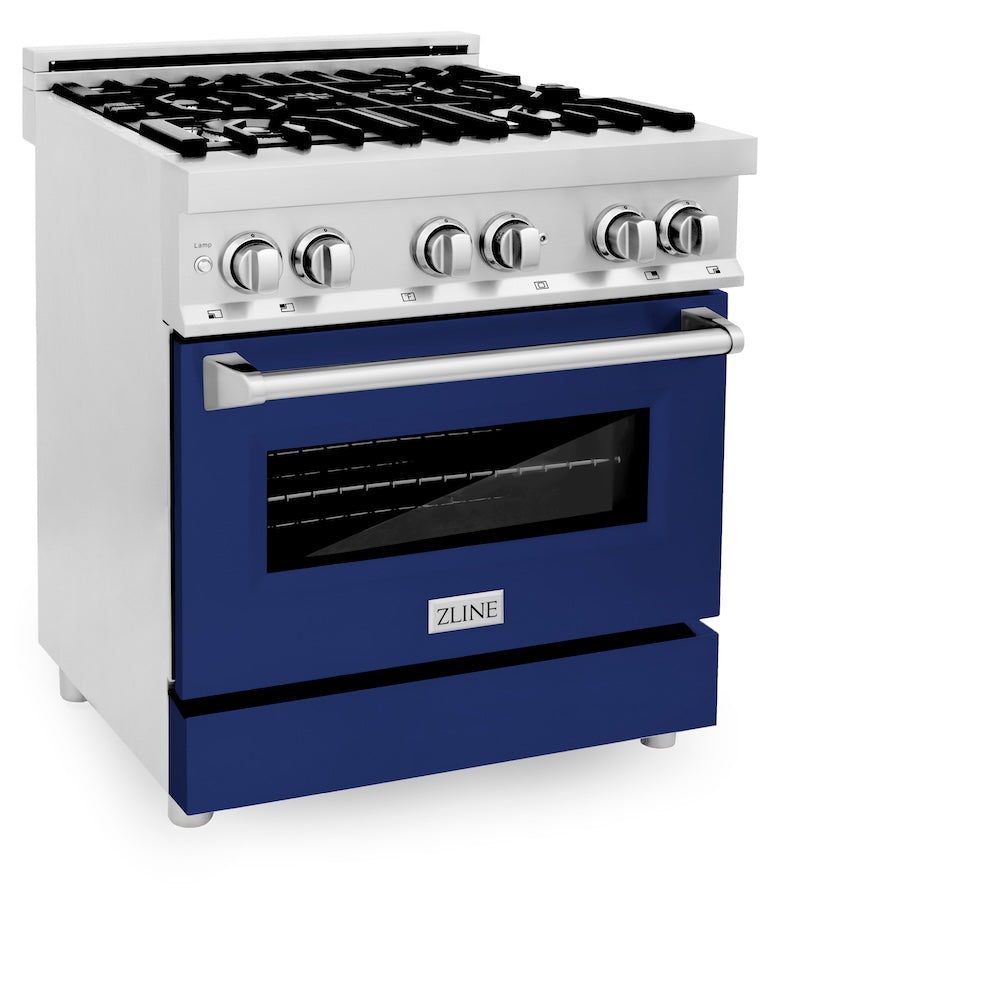 ZLINE 30 in. 4.0 cu. ft. Legacy Dual Fuel Range with 4 Burner Gas Cooktop and Electric Convection Oven in Stainless Steel and Blue Gloss Door (RA-BG-30)