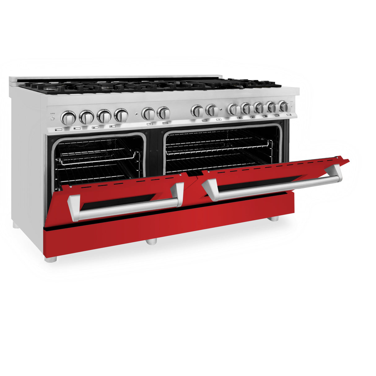 ZLINE 60 in. 7.4 cu. ft. Legacy Dual Fuel Range with 9 Burner Gas Cooktop and 2 Electric Convection Ovens in Stainless Steel and Red Matte Doors (RA-RM-60)