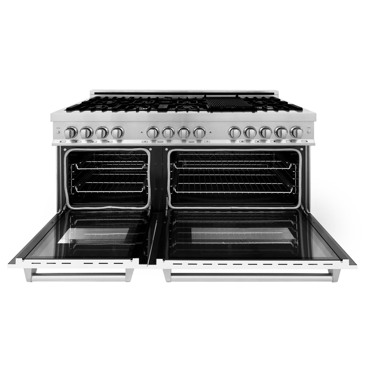 ZLINE 60 in. 7.4 cu. ft. Legacy Dual Fuel Range with 9 Burner Gas Cooktop and 2 Electric Convection Ovens in Stainless Steel with Griddle and White Matte Doors (RA-WM-GR-60)