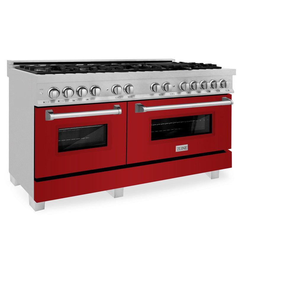 ZLINE 60 in. 7.4 cu. ft. Legacy Dual Fuel Range with 9 Burner Gas Cooktop and 2 Electric Convection Ovens in Satin Stainless Steel and Red Gloss Doors (RAS-RG-60)
