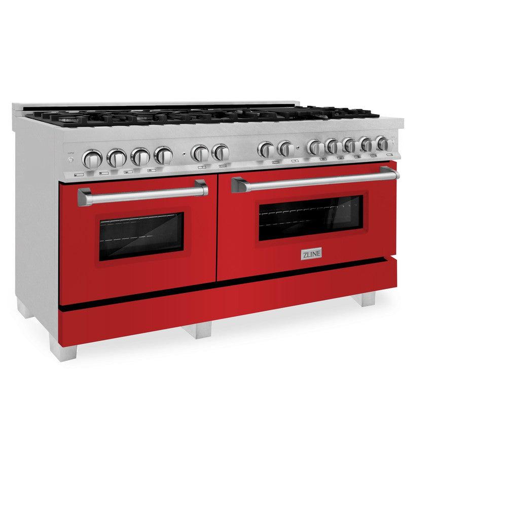 ZLINE 60 in. 7.4 cu. ft. Legacy Dual Fuel Range with 9 Burner Gas Cooktop and 2 Electric Convection Ovens in Satin Stainless Steel and Red Matte Doors (RAS-RM-60)