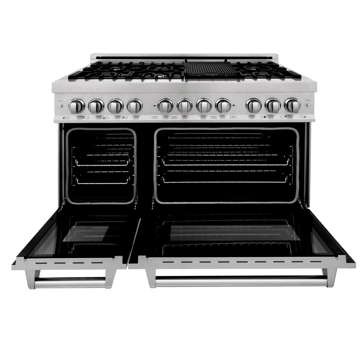 ZLINE 48 in. 6.0 cu. ft. Legacy Dual Fuel Range with 7 Burner Gas Cooktop and 2 Electric Ovens in Satin Stainless Steel with Griddle (RAS-SN-GR-48)