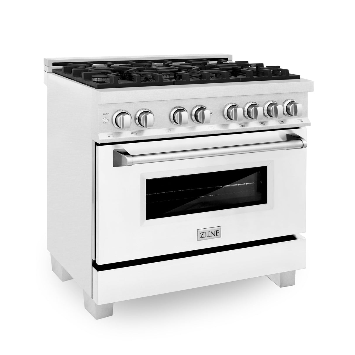 ZLINE 36 in. 4.6 cu. ft. Legacy Dual Fuel Range with 6 Burner Gas Cooktop and Electric Convection Oven in Satin Stainless Steel with White Matte Door and Griddle (RAS-WM-GR-36)