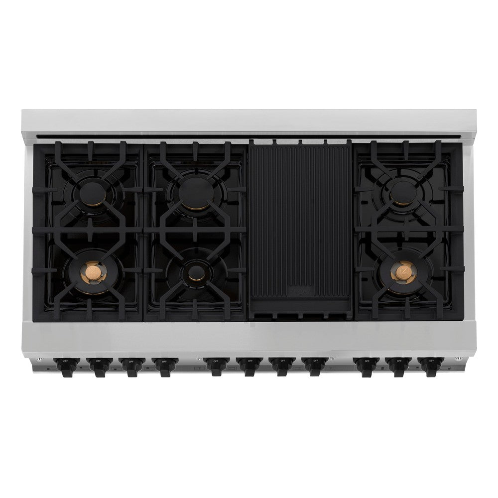 ZLINE Autograph Edition 48 in. Kitchen Package with Stainless Steel Dual Fuel Range, Range Hood, Dishwasher and Refrigeration Including External Water Dispenser with Matte Black Accents (4AKPR-RARHDWM48-MB)