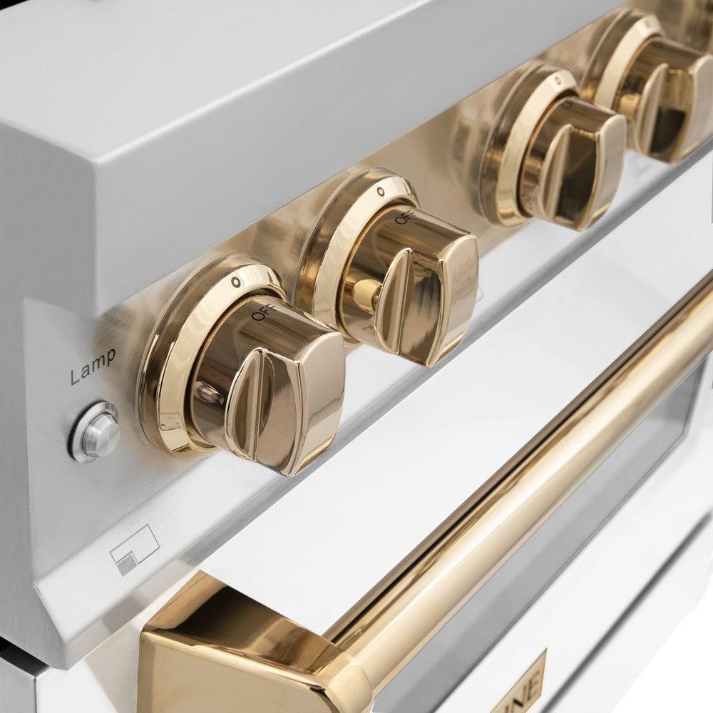 ZLINE Autograph Edition 36 in. Kitchen Package with Stainless Steel Dual Fuel Range with White Matte Door and Range Hood with Polished Gold Accents (2AKP-RAWMRH36-G)