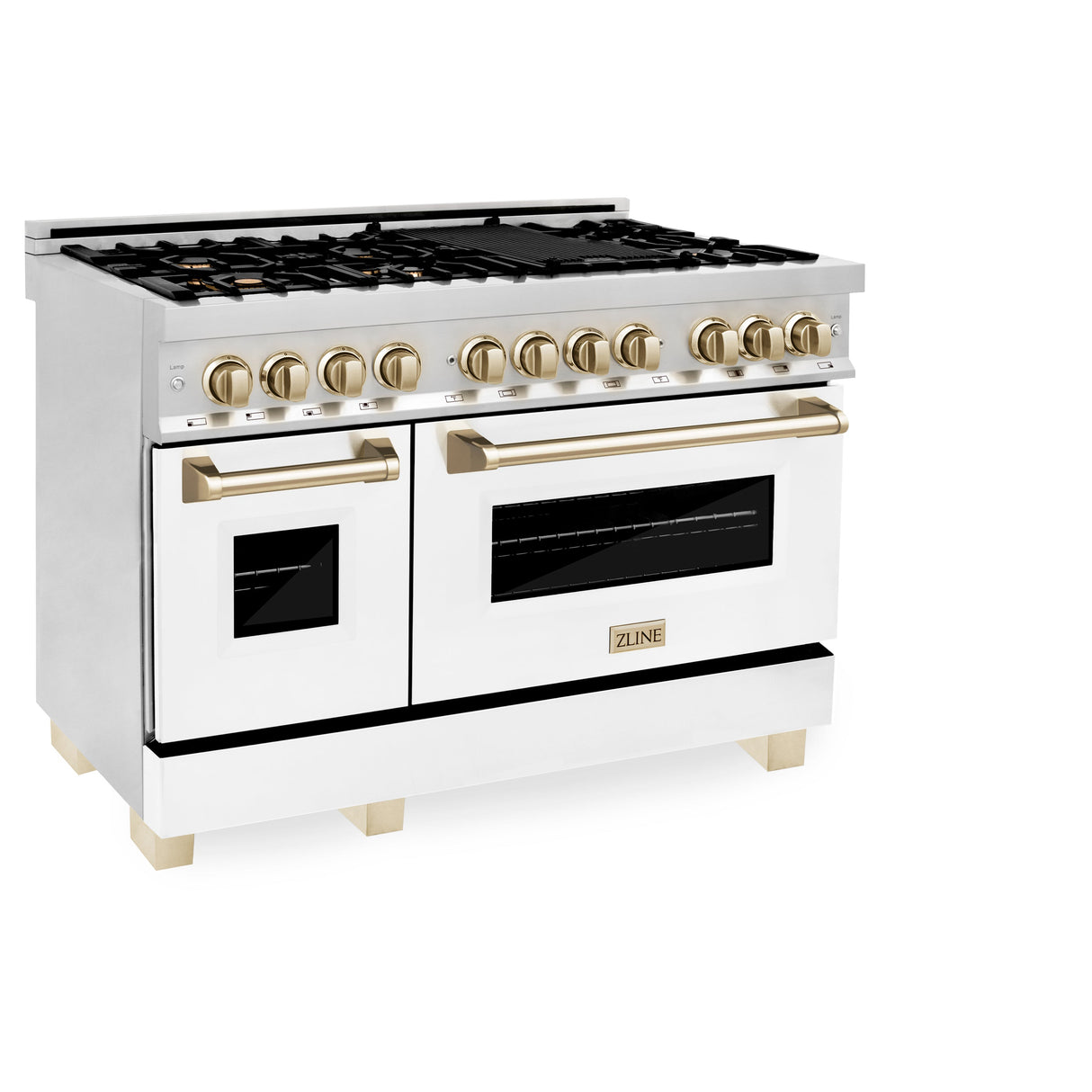 ZLINE 48 in. Autograph Edition Kitchen Package with Stainless Steel Dual Fuel Range with White Matte Door, Range Hood and Dishwasher with Polished Gold Accents (3AKP-RAWMRHDWM48-G)