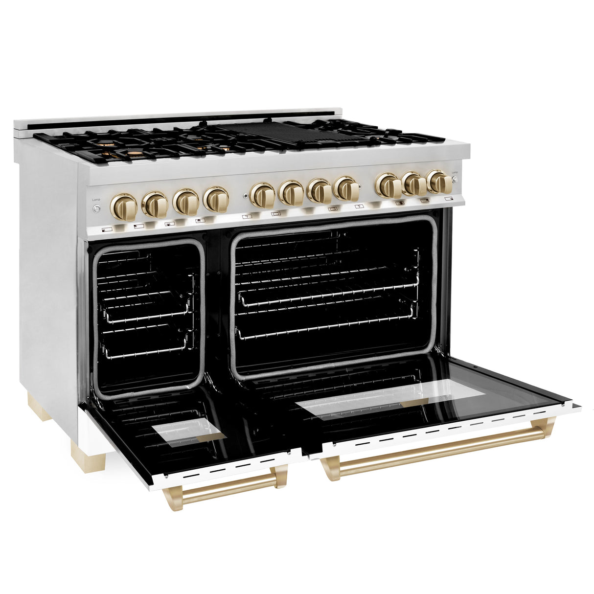 ZLINE 48 in. Autograph Edition Kitchen Package with Stainless Steel Dual Fuel Range with White Matte Door, Range Hood and Dishwasher with Polished Gold Accents (3AKP-RAWMRHDWM48-G)