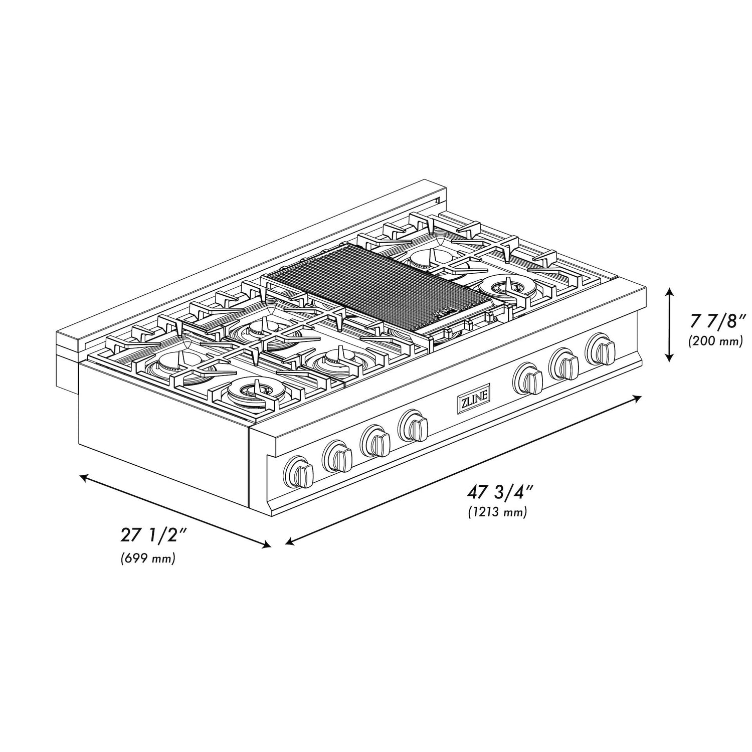 ZLINE 48 in. Legacy Gas Rangetop with 7 Burners and Porcelain Cooktop in Satin Stainless Steel with Griddle (RTS-GR-48)