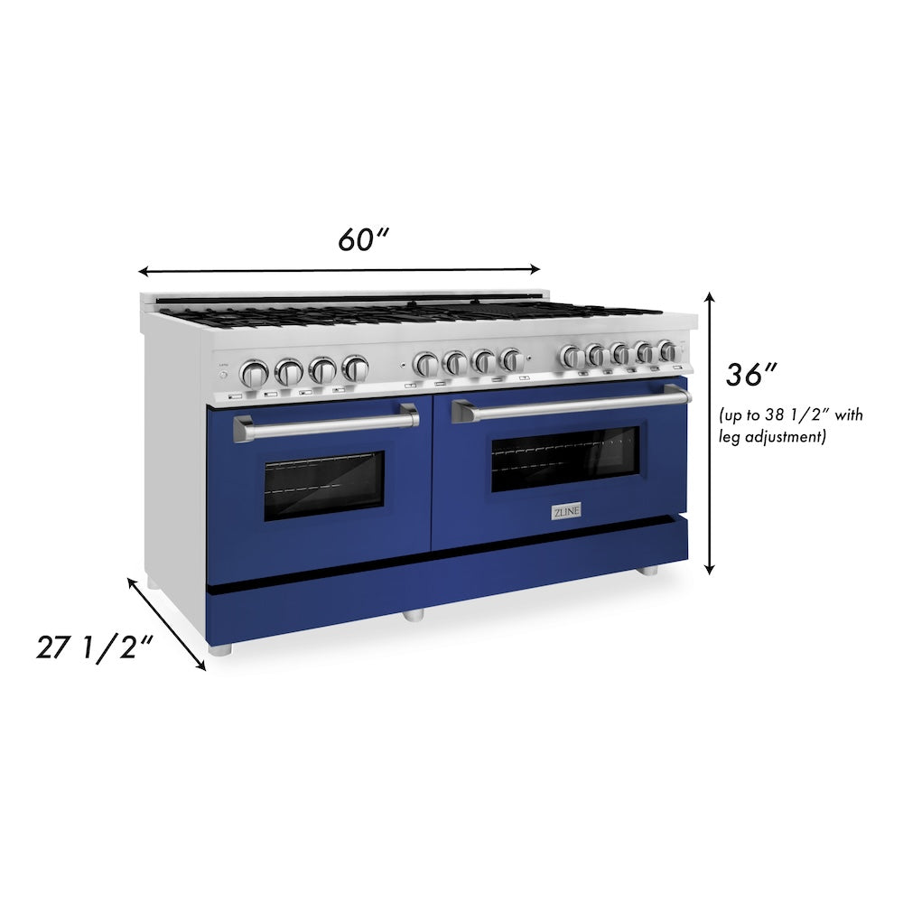 ZLINE 60 in. 7.4 cu. ft. Legacy Dual Fuel Range with 9 Burner Gas Cooktop and 2 Electric Convection Ovens in Stainless Steel and Blue Matte Doors (RA-BM-60)