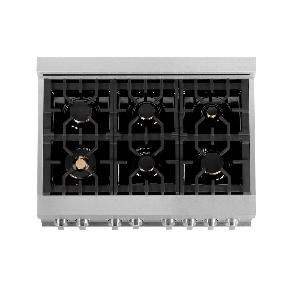 ZLINE 36 in. 4.6 cu. ft. Legacy Dual Fuel Range with Gas Cooktop and Electric Convection Oven in Satin Stainless Steel with 6 Brass Burners (RAS-SN-BR-36)