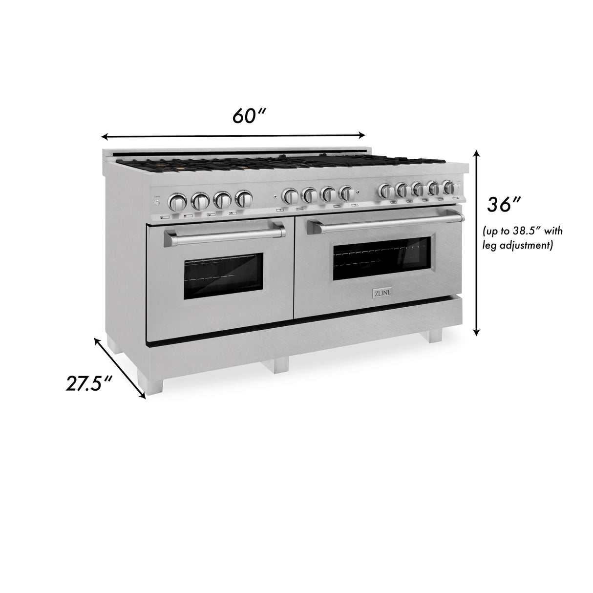 ZLINE 60 in. 7.4 cu. ft. Legacy Dual Fuel Range with Gas Cooktop and 2 Electric Convection Ovens in Satin Stainless Steel with 8 Brass Burners and Griddle (RAS-SN-BR-GR-60)