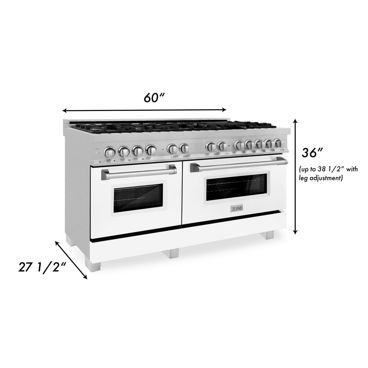 ZLINE 60 in. 7.4 cu. ft. Legacy Dual Fuel Range with 9 Burner Gas Cooktop and 2 Electric Convection Ovens in Satin Stainless Steel with White Matte Doors and Griddle (RAS-WM-GR-60)