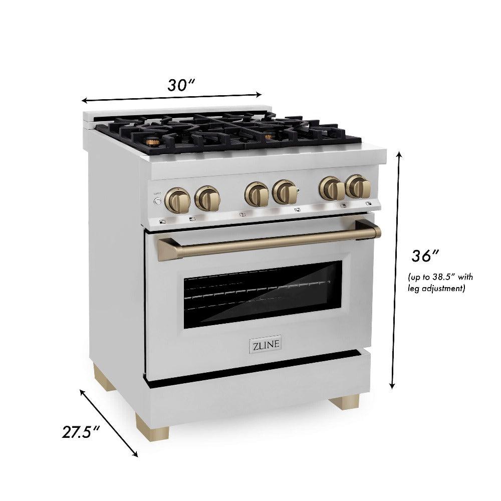 ZLINE Autograph Edition 30 in. Kitchen Package with Stainless Steel Dual Fuel Range, Range Hood, Dishwasher, and Refrigerator with External Water Dispenser with Champagne Bronze Accents (4AKPR-RARHDWM30-CB)
