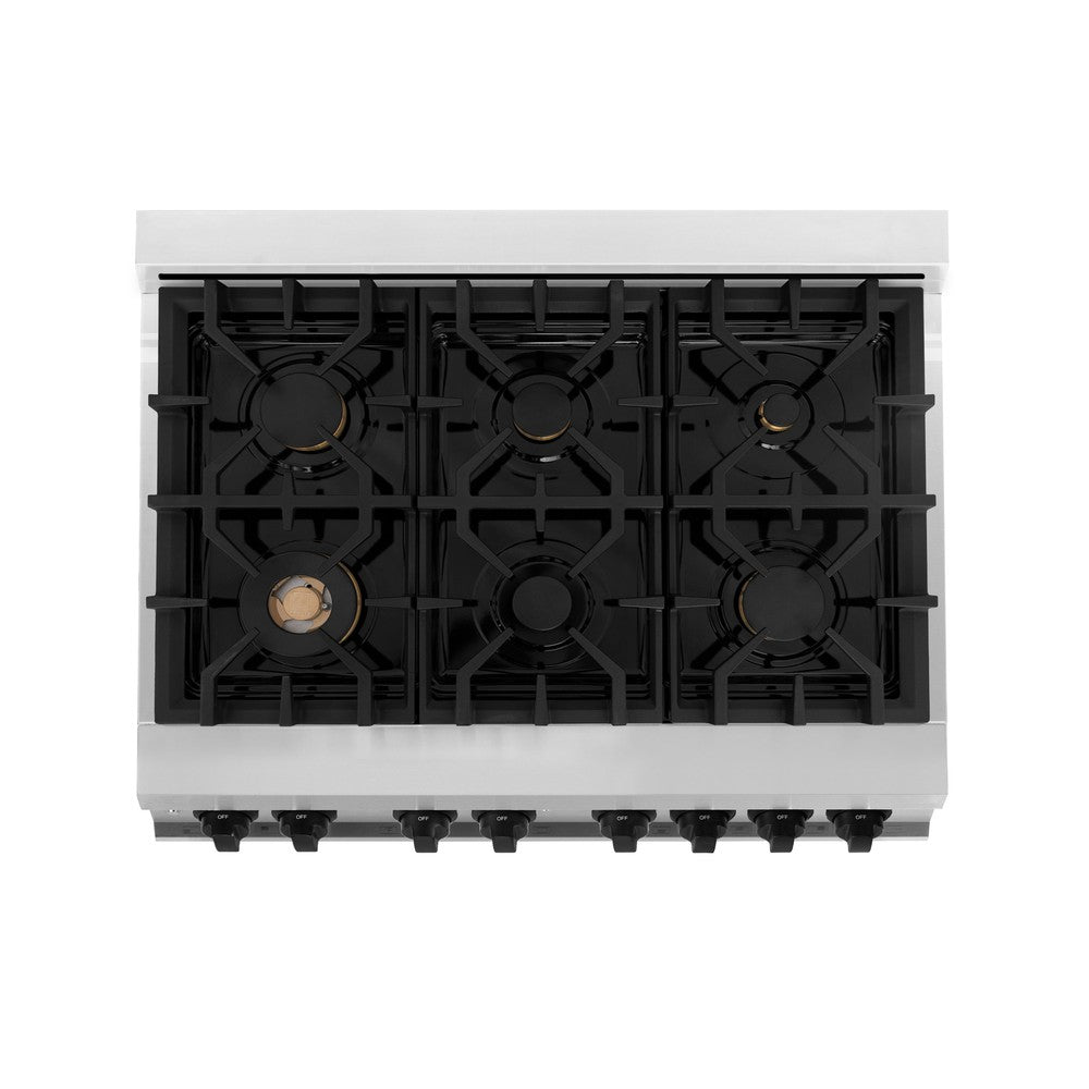 ZLINE Autograph Edition 36 in. Kitchen Package with Stainless Steel Dual Fuel Range, Range Hood, Dishwasher and Refrigeration Including External Water Dispenser with Matte Black Accents (4AKPR-RARHDWM36-MB)