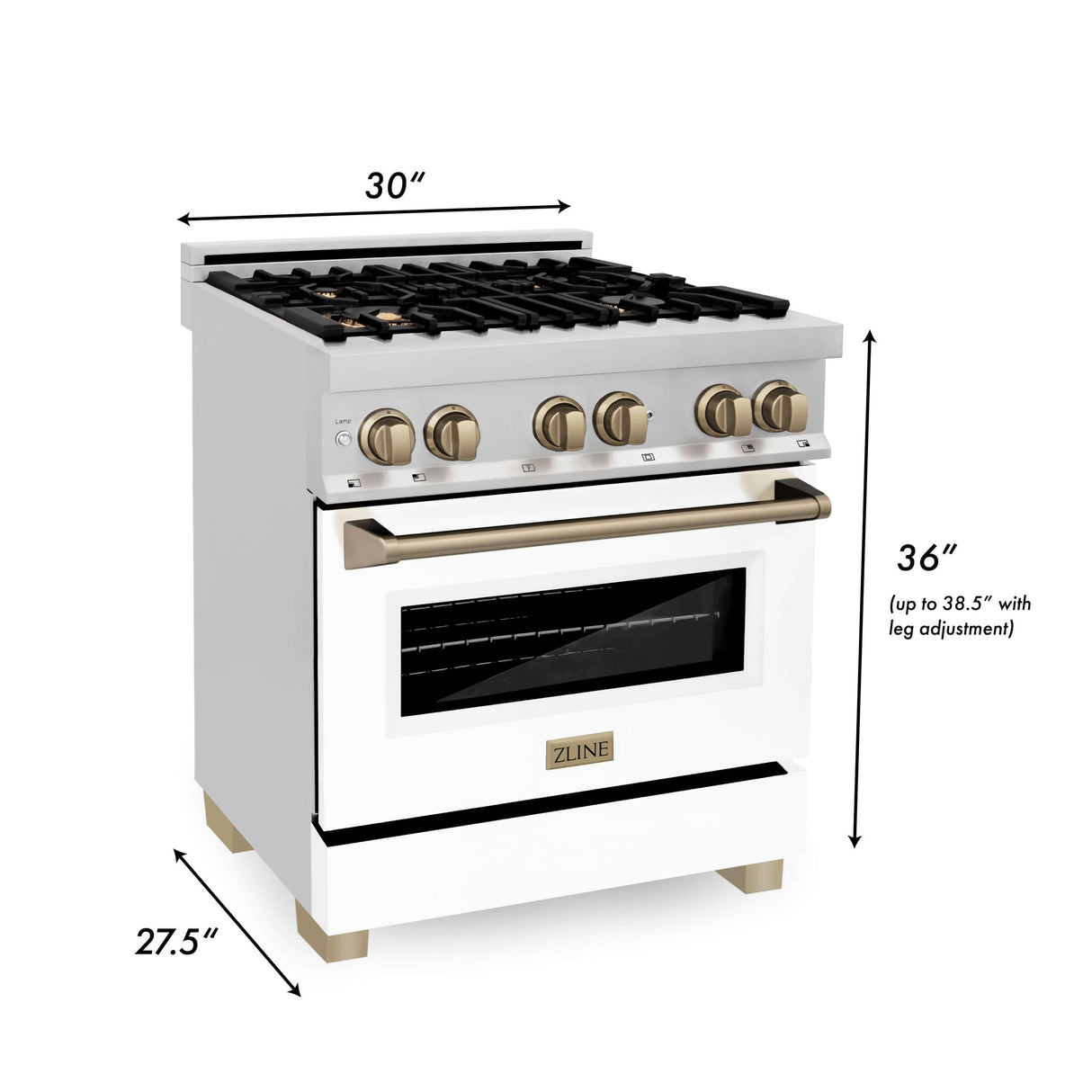 ZLINE Autograph Edition 30 in. Kitchen Package with Stainless Steel Dual Fuel Range with White Matte Door and Range Hood with Champagne Bronze Accents (2AKP-RAWMRH30-CB)