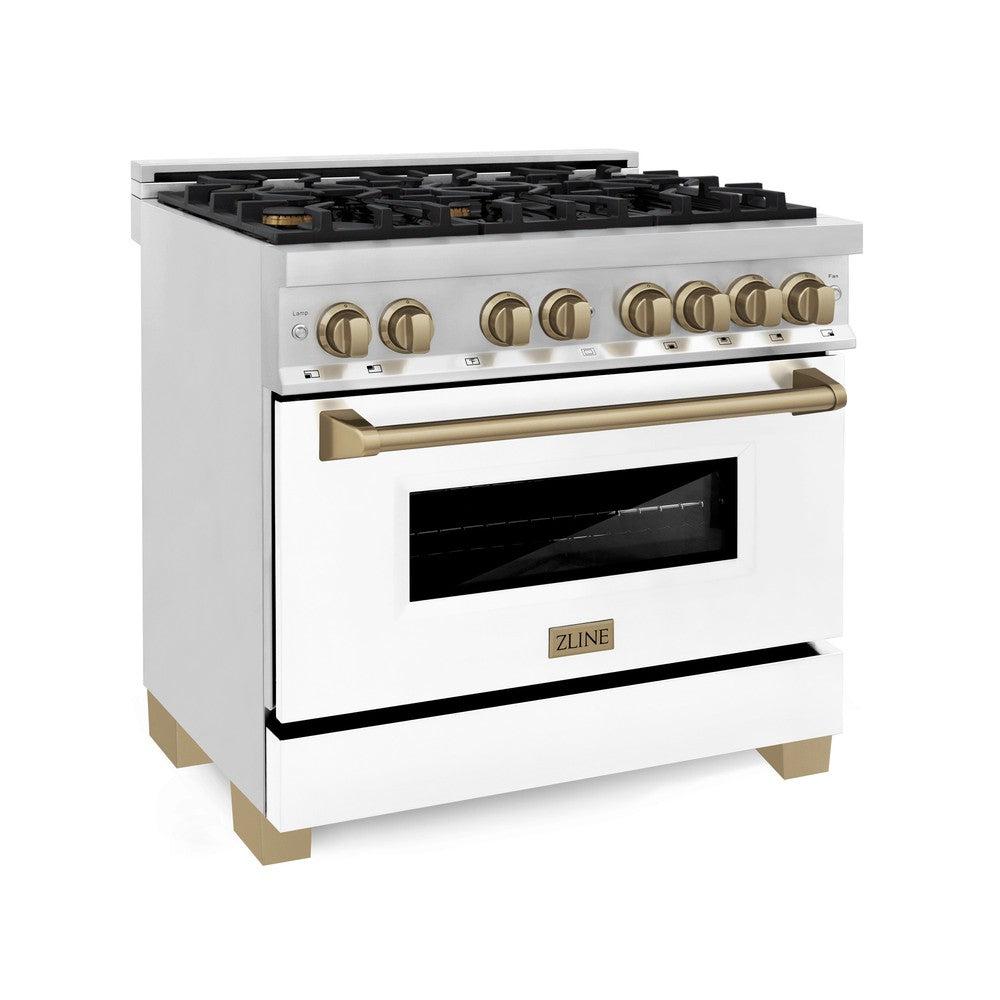 ZLINE Autograph Edition 36 in. Kitchen Package with Stainless Steel Dual Fuel Range with White Matte Door and Range Hood with Champagne Bronze Accents (2AKP-RAWMRH36-CB)