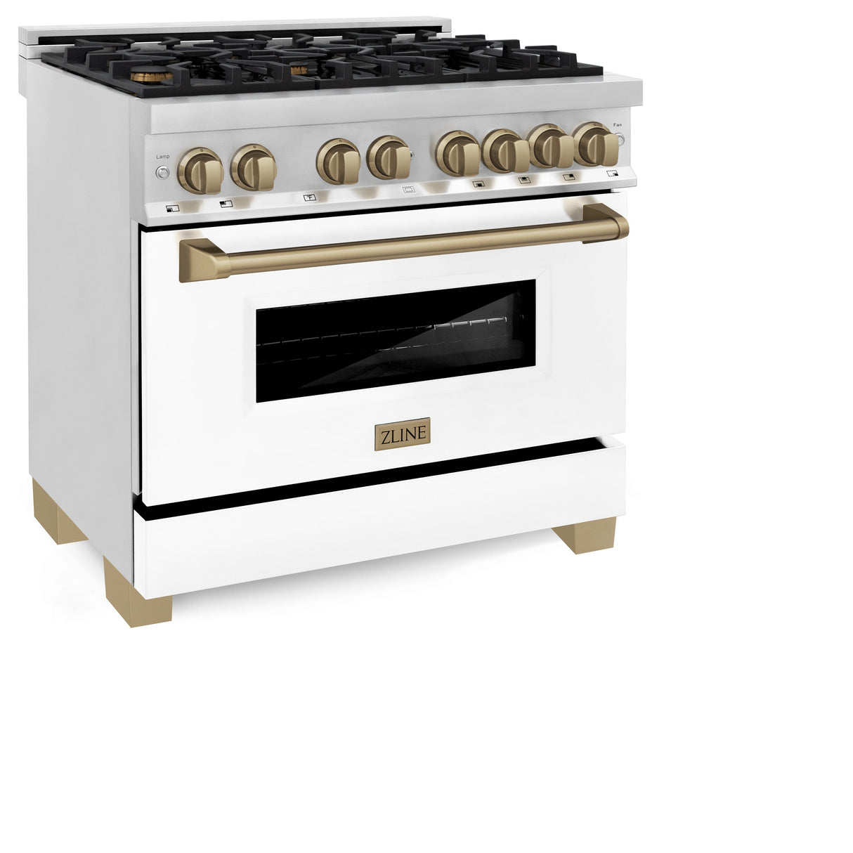 ZLINE Autograph Edition 36 in. 4.6 cu. ft. Legacy Dual Fuel Range with 6 Burner Gas Cooktop and Electric Convection Oven in Stainless Steel with White Matte Door and Champagne Bronze Accents (RAZ-WM-36-CB)