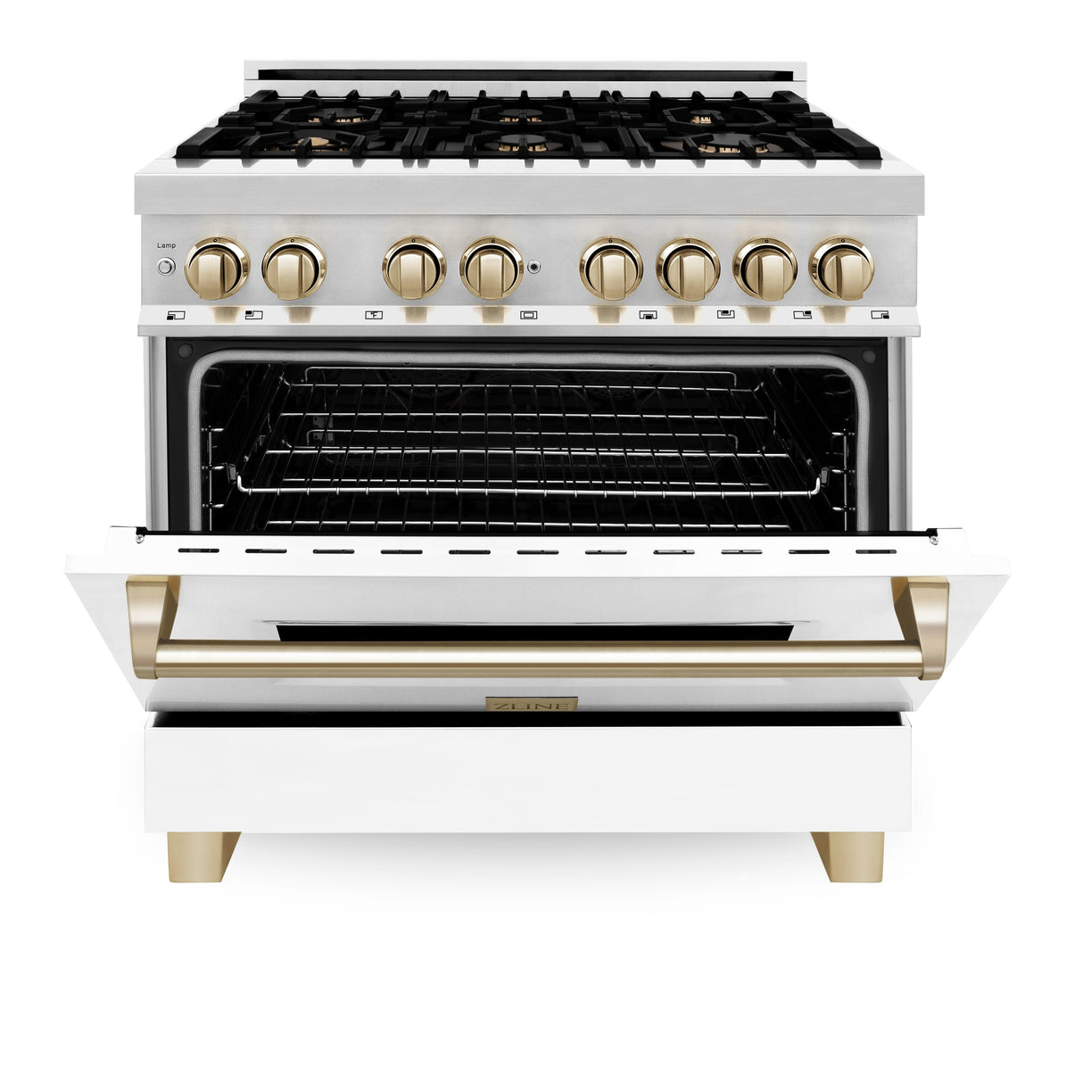 ZLINE Autograph Edition 36 in. 4.6 cu. ft. Legacy Dual Fuel Range with 6 Burner Gas Cooktop and Electric Convection Oven in Stainless Steel with White Matte Door and Polished Gold Accents (RAZ-WM-36-G)