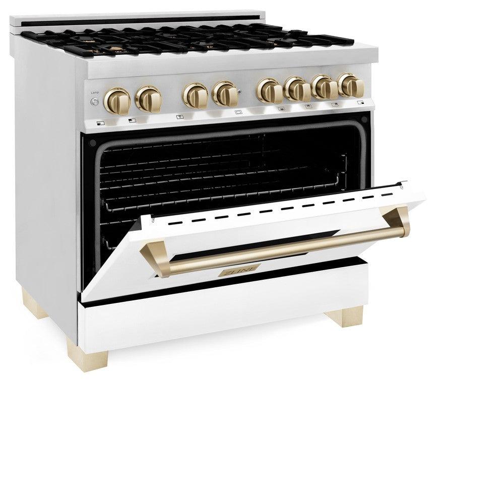 ZLINE Autograph Edition 36 in. Kitchen Package with Stainless Steel Dual Fuel Range with White Matte Door and Range Hood with Polished Gold Accents (2AKP-RAWMRH36-G)