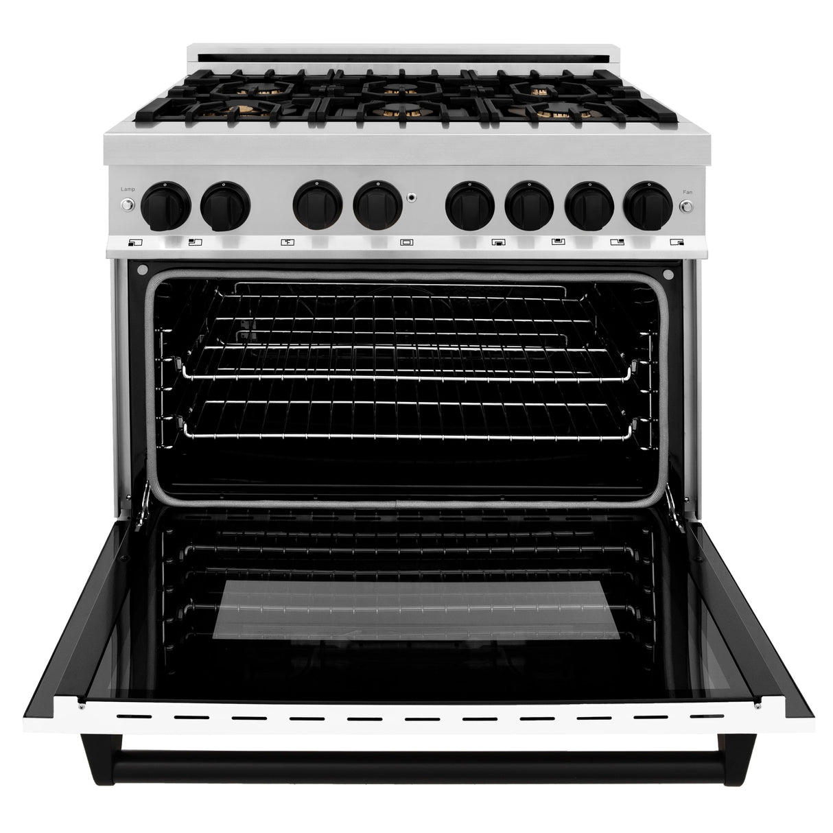 ZLINE Autograph Edition 36 in. 4.6 cu. ft. Legacy Dual Fuel Range with 6 Burner Gas Cooktop and Electric Convection Oven in Stainless Steel with White Matte Door and Matte Black Accents (RAZ-WM-36-MB)