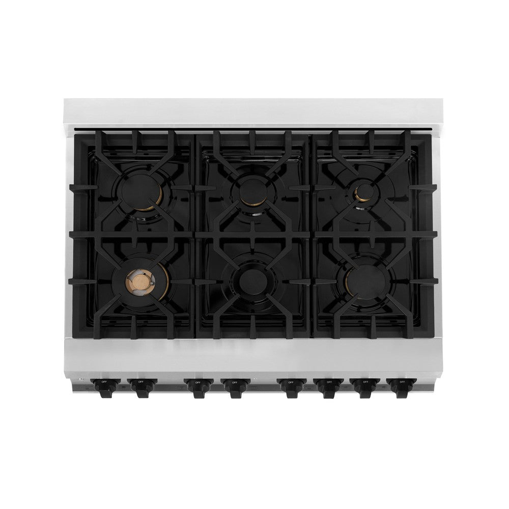 ZLINE Autograph Edition 36 in. Kitchen Package with Stainless Steel Dual Fuel Range with White Matte Door and Range Hood with Matte Black Accents (2AKP-RAWMRH36-MB)