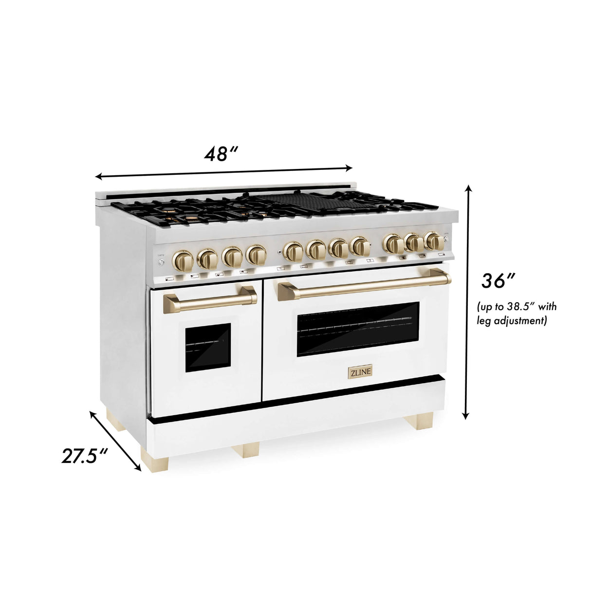 ZLINE Autograph Edition 48 in. Kitchen Package with Stainless Steel Dual Fuel Range with White Matte Door and Range Hood with Polished Gold Accents (2AKP-RAWMRH48-G)