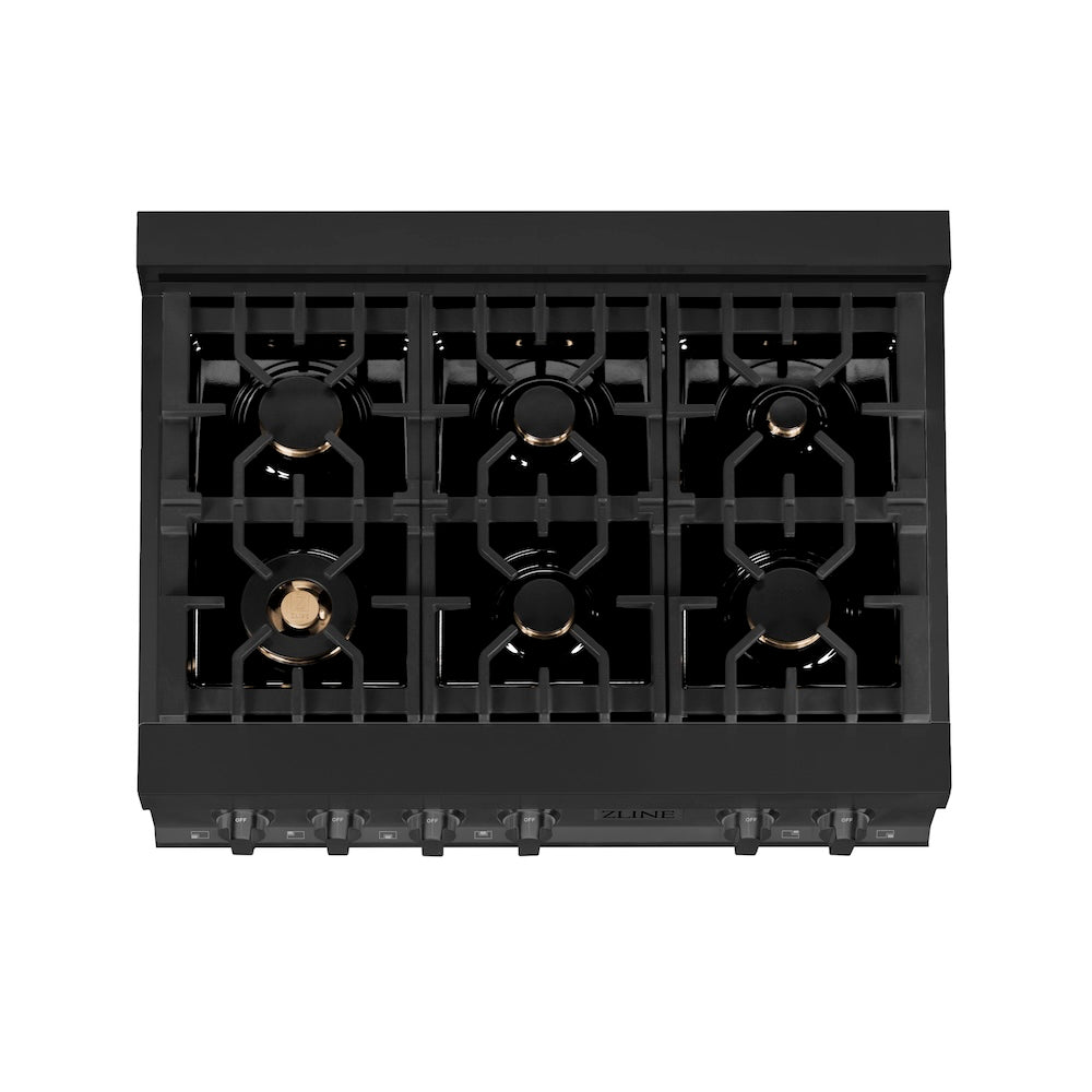 ZLINE 36 in. Legacy Gas Rangetop with 6 Brass Burners and Porcelain Cooktop in Black Stainless Steel (RTB-BR-36)