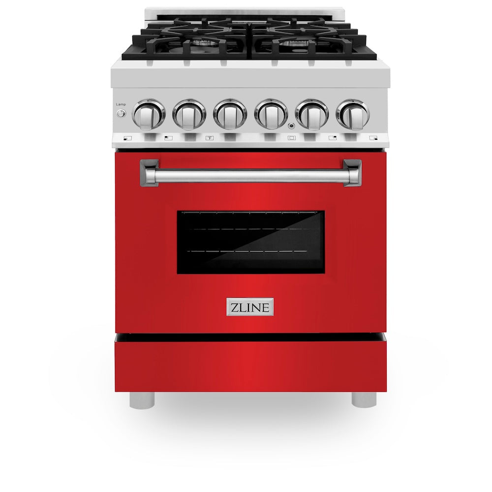 ZLINE 24 in. 2.8 cu. ft. Legacy Dual Fuel Range with 4 Burner Gas Cooktop and Electric Convection Oven in Stainless Steel and Red Matte Door (RA-RM-24)