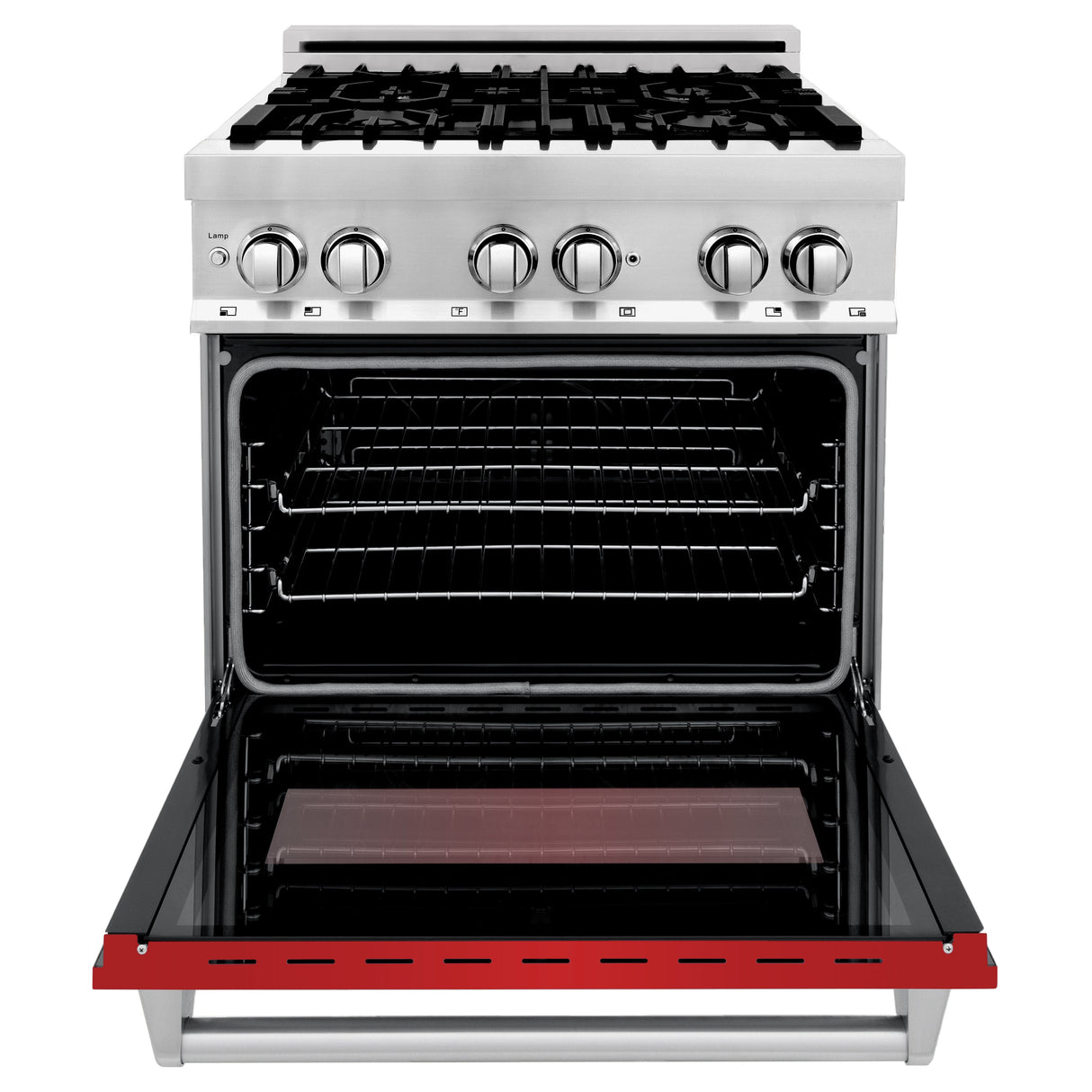 ZLINE 30 in. 4.0 cu. ft. Legacy Dual Fuel Range with 4 Burner Gas Cooktop and Electric Convection Oven in Stainless Steel and Red Matte Door (RA-RM-30)