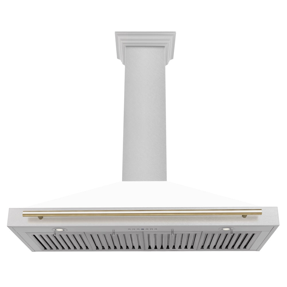 ZLINE 48 in. Autograph Edition Convertible Fingerprint Resistant DuraSnow® Stainless Steel Range Hood with White Matte Shell and Polished Gold Handle (KB4SNZ-WM48-G)
