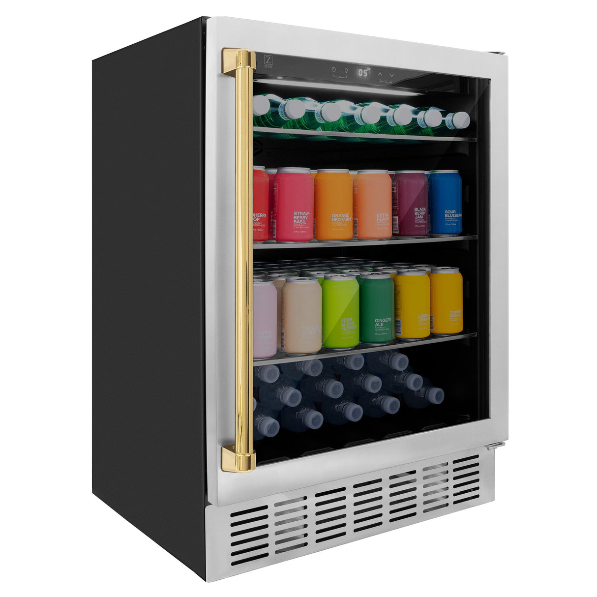 ZLINE 24" Autograph Edition 154 Can Beverage Cooler Fridge with Adjustable Shelves in Stainless Steel with Polished Gold Accents (RBVZ-US-24-G)