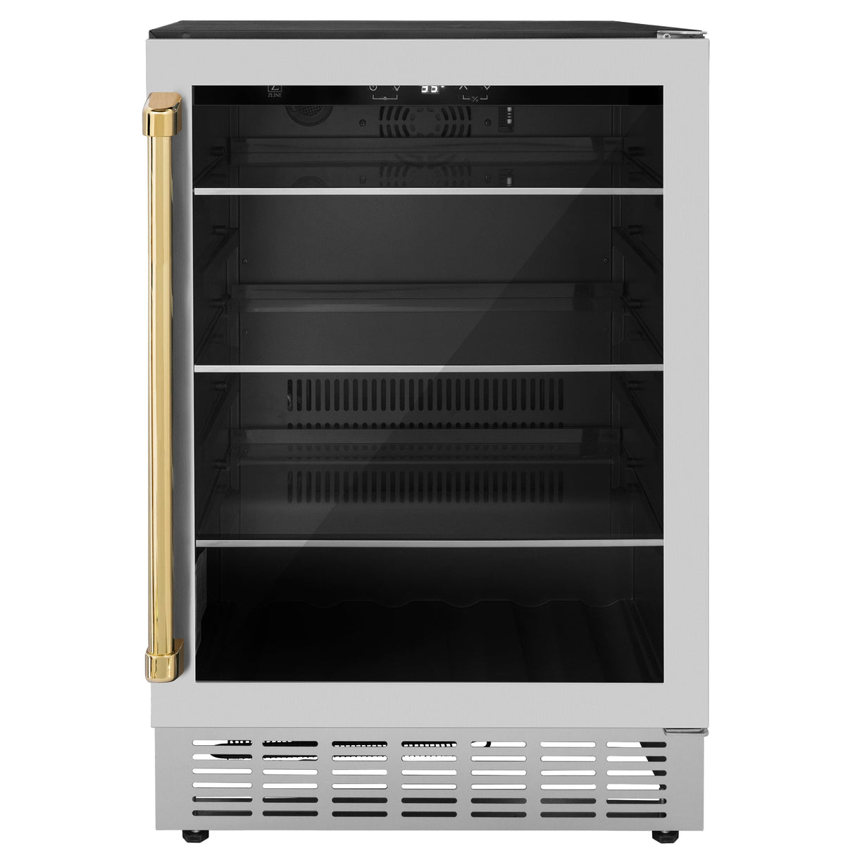 ZLINE 24" Autograph Edition 154 Can Beverage Cooler Fridge with Adjustable Shelves in Stainless Steel with Polished Gold Accents (RBVZ-US-24-G)